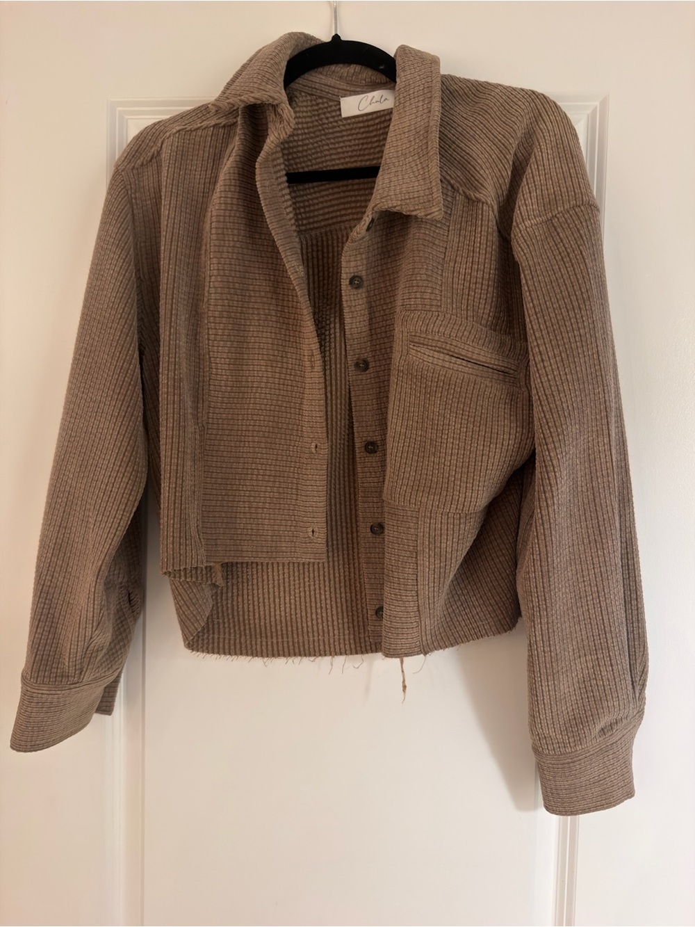 CeliaB Cropped Waffle-Knit Utility Jacket in Taupe